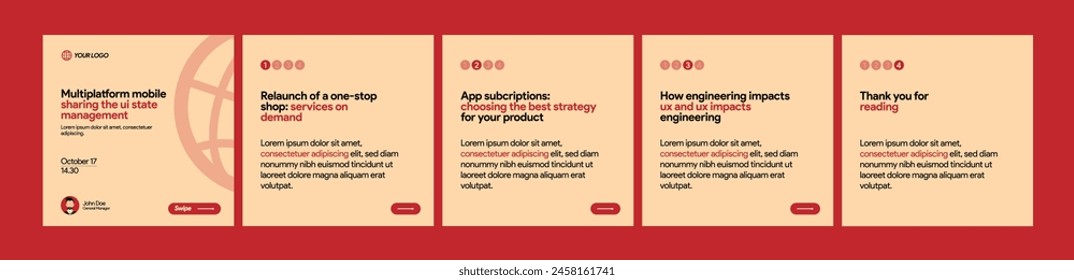 instagram webinar carousel slider post template creative portfolio design quotes newspaper magazine web seminar summit event poster red color background microblog flat simple social media vector