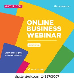 instagram webinar conference social media template post banner poster web summit seminar online business flat blue green pink yellow dark color background minimal design square size templates