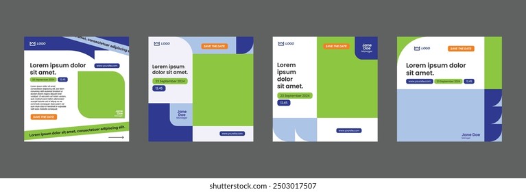 instagram webinar conference social media post template slider carousel banner poster web summit seminar online business flat blue green color background minimal design square size poster templates