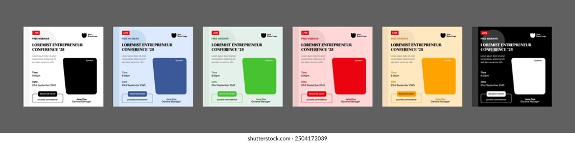 instagram webinar conference social media post template slider carousel banner poster web summit seminar online business flat blue green color background minimal design square size templates