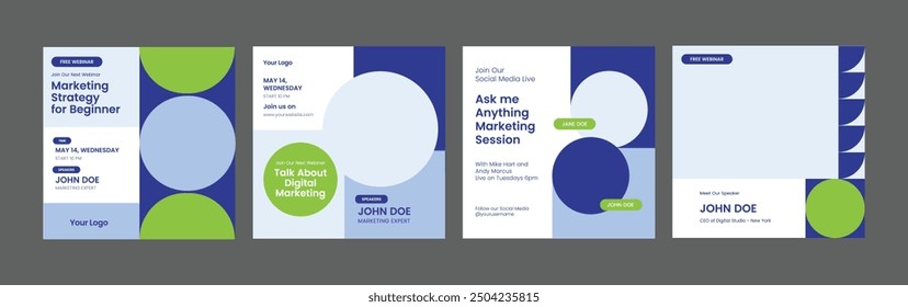 instagram webinar conference social media post template slider carousel banner poster web summit seminar online business flat blue green color background minimal design square size poster templates