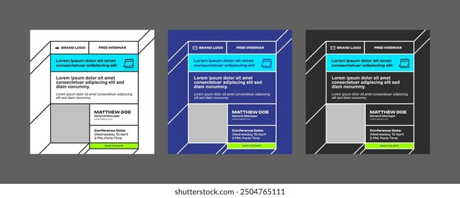 instagram webinar conference social media post template slider carousel social media banner poster web summit seminar online business flat blue color background minimal design square size templates