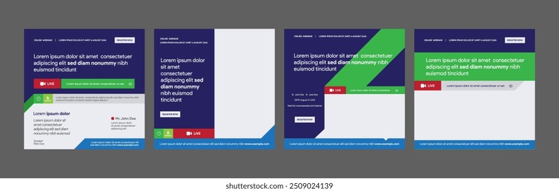 instagram webinar conference social media post template slider carousel banner poster web summit seminar online business flat blue green color background minimal design square size poster templates
