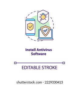 Installieren Sie das Symbol für das Konzept der Antivirus-Software. Digitale Sicherheit. Geräte schützen abstrakte Idee dünne Linie Illustration. Einzeln Umrisszeichnung. Bearbeitbarer Strich. Arial, Myriad Pro Fett Schriftarten verwendet