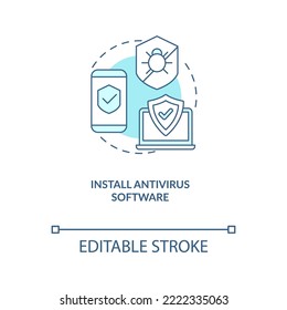 Install antivirus software turquoise concept icon. Devices protection abstract idea thin line illustration. Isolated outline drawing. Editable stroke. Arial, Myriad Pro-Bold fonts used