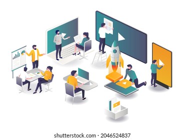 Install digital billboards in isometric illustration