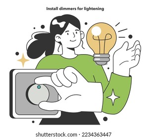 Instale los atenuadores para que se aligeren las fuentes de energía en el hogar. Gastos de consumo de electricidad. Efecto de la inflación o de la recesión económica. Ilustración vectorial plana