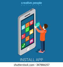 Install download get mobile app flat 3d isometry isometric concept web vector illustration. Young man place big icon of new application on big smart phone touch screen. Creative people collection.