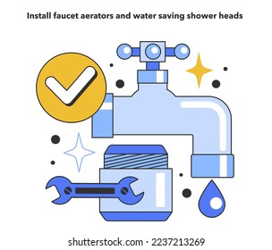 Install faucet aerators and water saving shower heads for water efficiency at home. Save money on your water bill and make your house more eco-friendly. Economic recession. Flat vector illustration