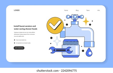 Instale los aireadores de grifos y los cabezales de ducha de ahorro de agua para lograr un uso eficiente del agua en el banner web o en la página de aterrizaje. Ahorre dinero en su cuenta de agua y haga que su casa sea más ecológica. Ilustración del vector