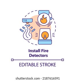 Install fire detectors concept icon. Wild fire safety abstract idea thin line illustration. Smoke alarms on wall, ceiling. Isolated outline drawing. Editable stroke. Arial, Myriad Pro-Bold fonts used
