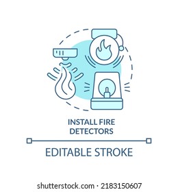 Install Fire Detectors Turquoise Concept Icon. Wild Fire Safety Abstract Idea Thin Line Illustration. Smoke Alarms. Isolated Outline Drawing. Editable Stroke. Arial, Myriad Pro-Bold Fonts Used