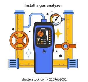 Instale un analizador de gas para protegerse cuando utilice electrodomésticos de gas. Detección de fugas de gas natural o de defectos de gasoducto. Ilustración vectorial plana