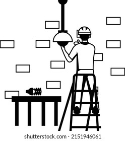 Install Lamp Fixtures On High vector icon design, Electrician Profession symbol, Power Supply and wiring Sign, handyman and Repairman tools stock, Electrician on a ladder changing a light bulb Concept
