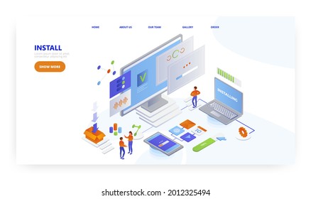 Install, landing page design, website banner vector template. Software programs, apps downloading and installation.