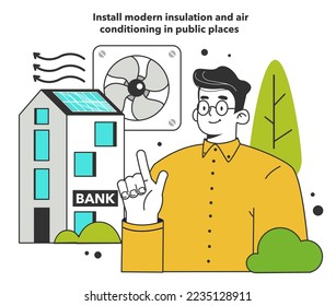 Install modern insulation and air conditioning in public places for energy efficiency. Municipal electricity consumption reduction, modernisation of city environment. Flat vector illustration