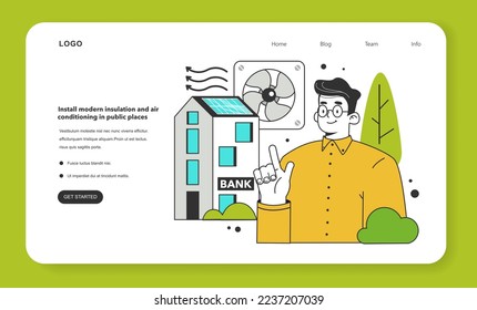 Install modern insulation and air conditioning in public places for energy efficiency. Municipal electricity consumption reduction, modernisation of city environment. Flat vector illustration