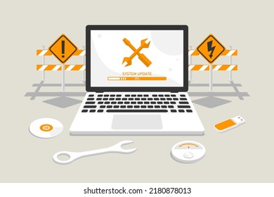 Install operating system update of laptop, Computer screen with updating progress bar, Digital marketing illustration.