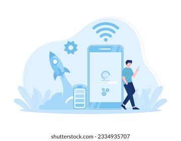 Install the phone device with a wi-fi connection trending concept flat illustration