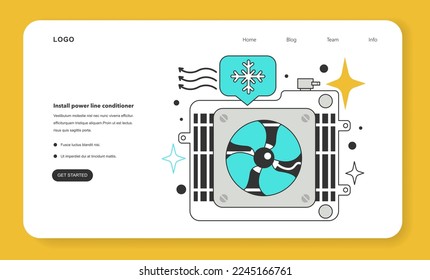 Install power line conditioner for energy efficiency at work web banner or landing page. How to low office utility cost, electricity consumption reduction. Flat vector illustration