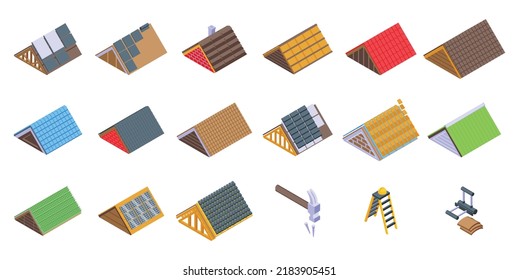 Install the roof icons set isometric vector. Safety builder. Construction home