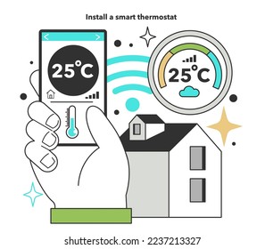 Instale un termostato inteligente para la eficiencia energética en casa. Gastos de consumo de electricidad. Efecto de la inflación o de la recesión económica. Ilustración vectorial plana