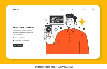 Install a smart thermostat for energy efficiency at home web banner or landing page. How to save on your heating bill or low your utility cost. Heat conservation. Flat vector illustration