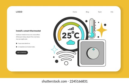 Install a smart thermostat for energy efficiency at work web banner or landing page. How to low office utility cost, electricity consumption reduction. Inflation effect. Flat vector illustration