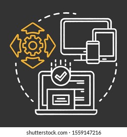 Install testing chalk concept icon. Software programming stage idea thin line illustration. Application development. Implementation testing. IT project idea. Vector isolated chalkboard illustration