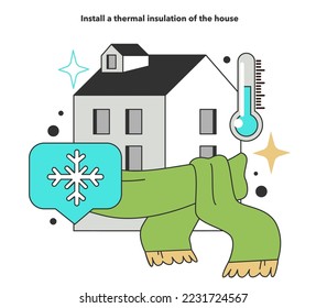 Installation einer Wärmedämmung des Hauses für die Energieeffizienz zu Hause. Ausgaben für den Stromverbrauch. Inflation oder wirtschaftlicher Rezessionseffekt. Flache Vektorgrafik