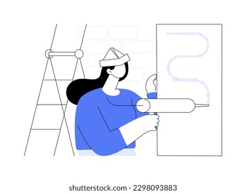 Install wallboards abstract concept vector illustration. Uniform dressed contractor installs paneling, walls wainscoting, private house building, rough interior works abstract metaphor.