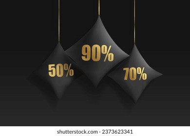 Installation 11.11 Shopping day. Discounts Big sale. Decorative black pillows with gold lettering. Black background. Vector