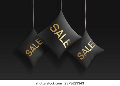 Installation 11.11 Shopping day. Discounts Big sale. Decorative black pillows with gold lettering Sale. Black background. Vector