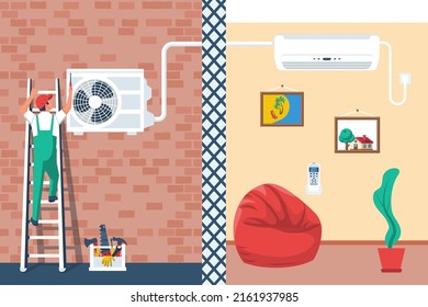 Installation of air conditioner. Repairman character installing home cold ventilation. Repair and maintenance service climate control. Vector illustration flat design. Isolated on white background.