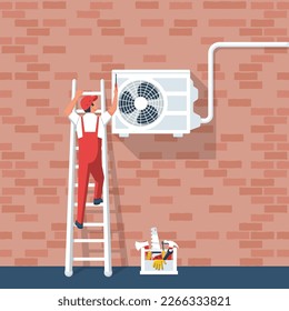 Installation of air conditioner. Repairman character installing home cold ventilation. Repair and maintenance service climate control. Vector illustration flat design. Isolated on white background.