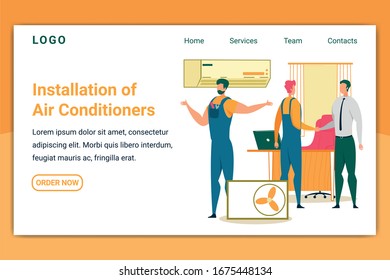 Installation von Air Conditioners Horizontal Banner. Mitarbeiter-Shaking Hand mit Geschäftsmann im Büro nach dem Equipment-Setup. Reparatur- und Instandhaltungszentrum Werkskartoon Flache Vektorillustration Illustration.