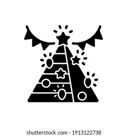 Installation black glyph icon. Decorating house on winter holidays. Bringing colorful light bulbs. Christmas decorations all around city. Silhouette symbol on white space. Vector isolated illustration