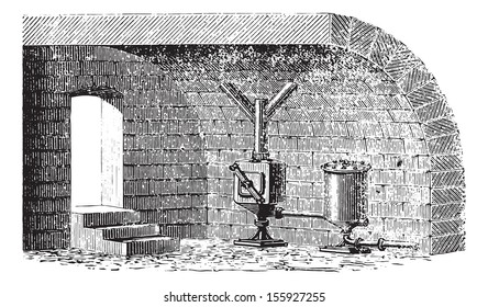 Installation in a building of the receiver and the spillway (Bertier system), vintage engraved illustration. Usual Medicine Dictionary by Dr Labarthe - 1885.