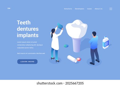 Installation of dental implants. Dentists test new artificial tooth for quality. Modern medical technologies for manufacture of realistic oral prostheses. Vector landing page isometric template