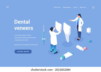 Installation of dental veneers. Professional dentists put on cosmetic and medical dental onlays. Nice bite and white enamel with beautiful smile. Vector landing page isometric template