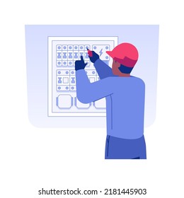 Instalación de equipo eléctrico aislado de la ilustración de vector de concepto. Ingeniero instalando un equipo eléctrico, reparando cables, construcción comercial, concepto de vectores de obras interiores.