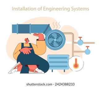 Installation von Engineering-System-Konzept. Ein professioneller Ingenieur passt die HLK-Geräte an und sorgt so für eine optimale Raumklimatisierung. Flache Vektordarstellung