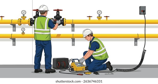 installation, gas, pipeline, technician, men at work, engineer, pipe, valve, yellow, safety, helmet, tool, equipment, construction, industrial, service, indoor, manual, system, infrastructure, connect