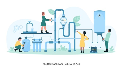 Installation of home water supply system vector illustration. Cartoon tiny people install treatment filter and boiler, plumbing, valves and water meter inspection by workers of maintenance service