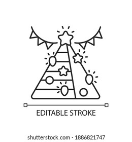 Installation linear icon. Decorating house on winter holidays. Christmas decorations for city. Thin line customizable illustration. Contour symbol. Vector isolated outline drawing. Editable stroke