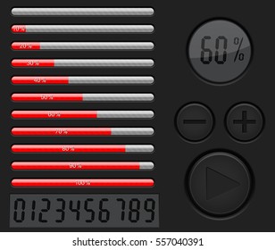 Installation, loading progress bar. Black interface with red bar. Vector 3d illustration