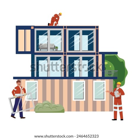 Installation of modular house with workers and architect on site
