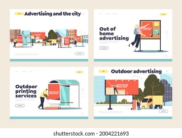 Installation of outdoor advertising posters mockup concept of set of landing pages: street marketing agency workers putting placards on bus station, billboards and signboards. Flat vector illustration