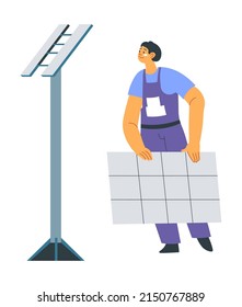 Installation of renewable sources of energy, isolated man worker with solar panels for mounting. Sustainability and ecologically friendly ways of getting electricity for home. Vector in flat style