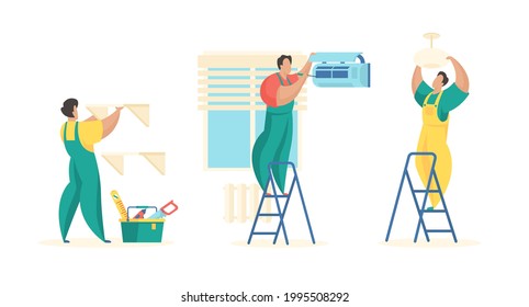 Installation and renovation apartment interiors. Uniformed craftsmen attach shelves walls and chandelier. Checking and cleaning air conditioner. Service professionals. Vector flat illustration.